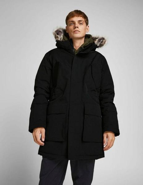 Parka negra larga con capucha y pelo JACK