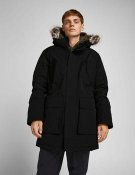 Parka negra larga con capucha y pelo JACK JONES