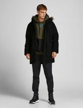 Parka negra larga con capucha y pelo JACK JONES