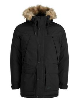 Parka negra larga con capucha y pelo JACK JONES