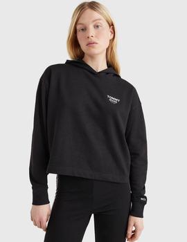 Sudadera negra cropped con capucha y logos en tape Tommy