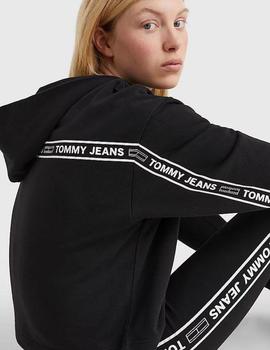 Sudadera negra cropped con capucha y logos en tape Tommy