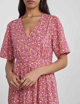 Vestido midi rosa con estampado floral y manga corta