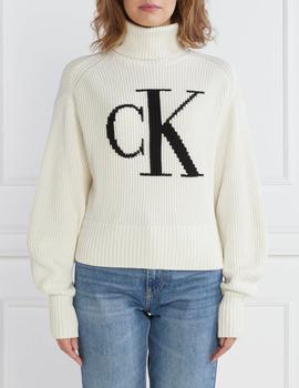 Jersey blanco cuello cisne con monograma Calvin Klein
