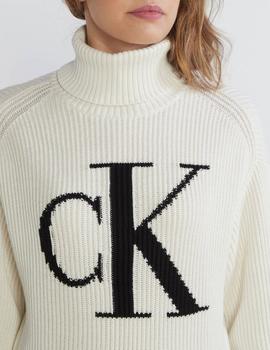 Jersey blanco cuello cisne con monograma Calvin Klein