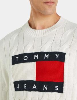 Jersey blanco de punto trenzado con logo grande Tommy Jeans