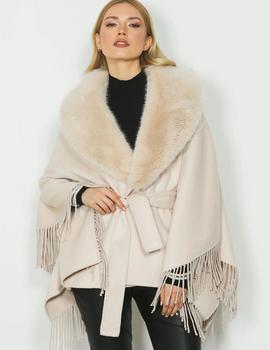 Abrigo kimono corto DENISE de manga 3/4 con cuello de pelo